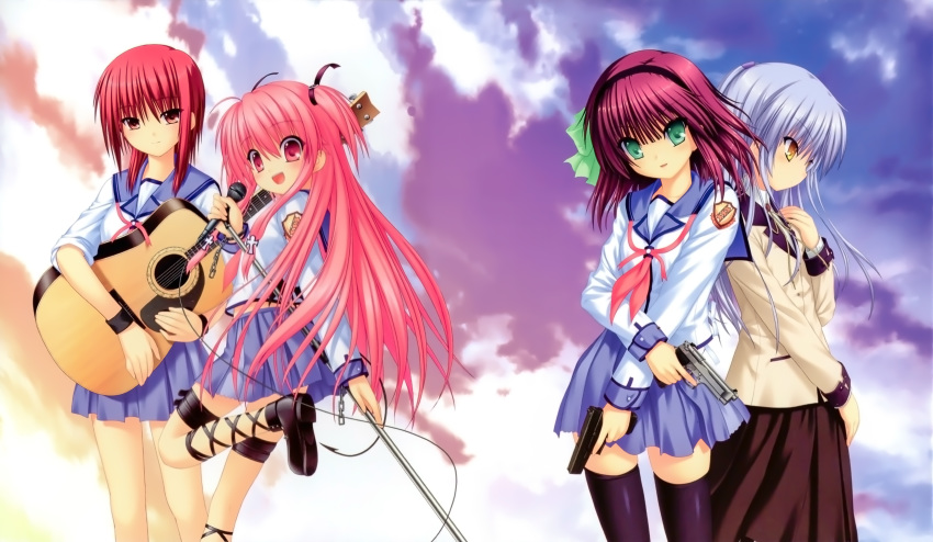 angel_beats! guitar gun iwasawa key na-ga possible_duplicate seifuku tail tenshi thighhighs yui_(angel_beats!) yurippe