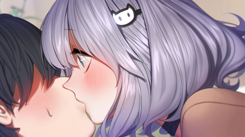 aconitea blue_eyes blush close game_cg gray_hair il_shi kiss koichi_ai koichi_akiyama male onii-chan_asobo short_hair