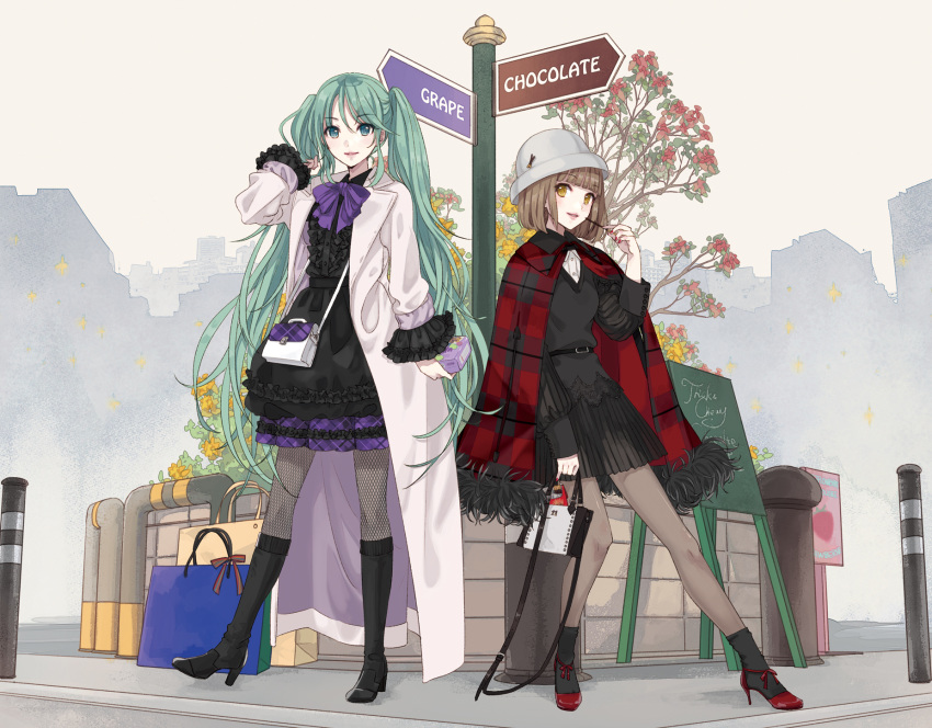 2girls boots cape crossover flowers food goth-loli green_hair hatsune_miku ikushima kneehighs lico_(glico) lolita_fashion long_hair pocky short_hair socks twintails vocaloid