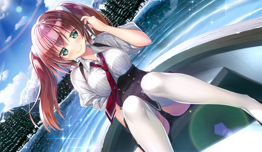 blush boat brown_hair cameltoe clouds game_cg green_eyes kiba_satoshi kinomiya_nanoka long_hair marmalade panties reflection sky snow study_&sect;_steady thighhighs tree twintails underwear water