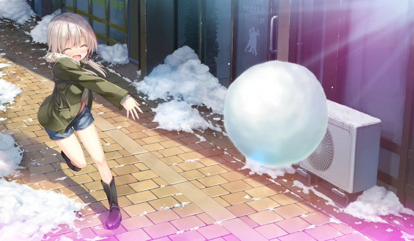 blush boots game_cg gray_hair kakegawa_hazuki kiba_satoshi marmalade short_hair shorts snow study_&sect;_steady