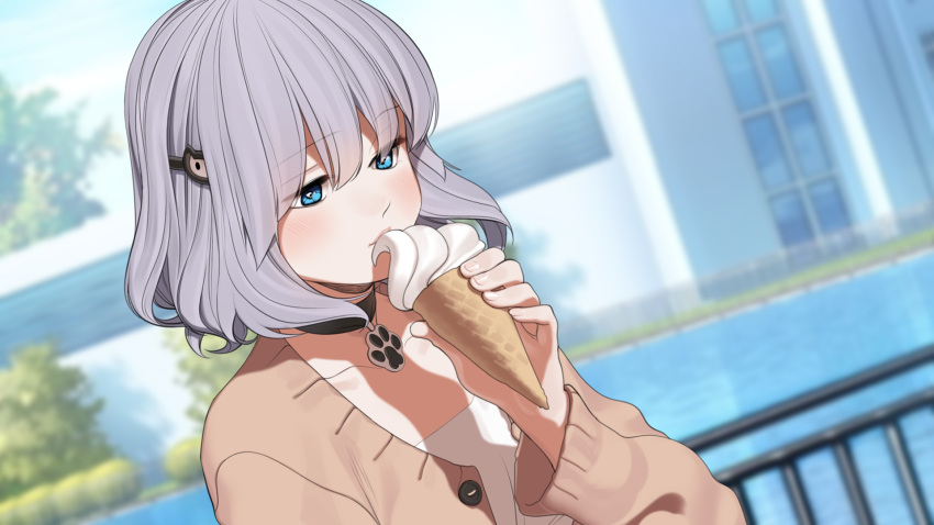 aconitea blue_eyes blush choker food game_cg gray_hair ice_cream il_shi koichi_ai onii-chan_asobo short_hair water