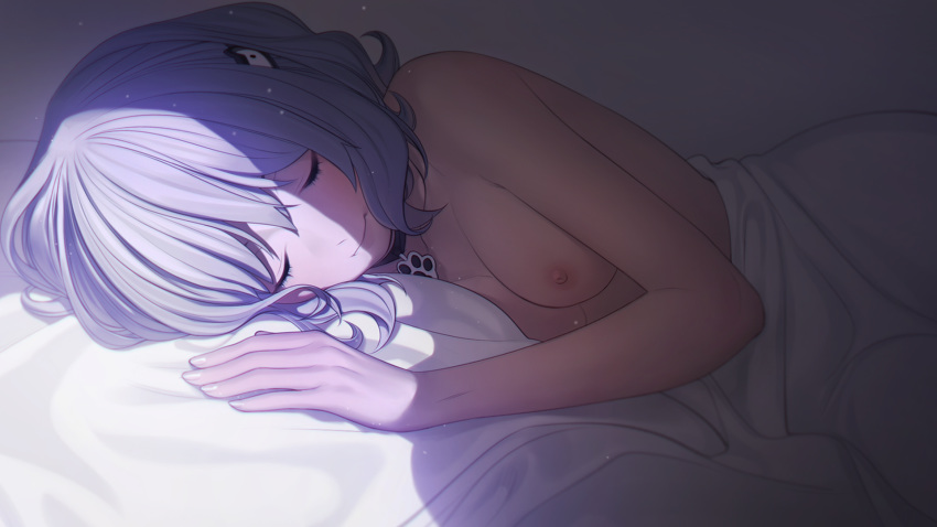 aconitea bed breasts game_cg gray_hair il_shi koichi_ai nipples nude onii-chan_asobo short_hair sleeping