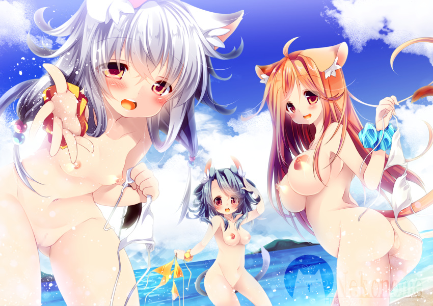 animal_ears blue_hair blush breasts brown_eyes brown_hair censored clouds hikanyan navel nipples nude original pussy red_eyes short_hair sky tail watermark white_hair yellow_eyes