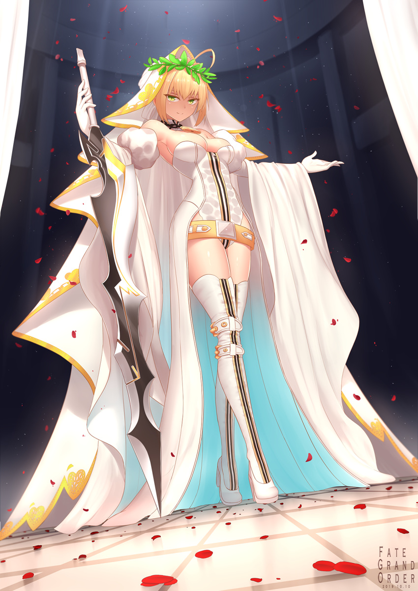 bu_li fate/grand_order heels leotard no_bra saber_bride saber_extra sword thighhighs