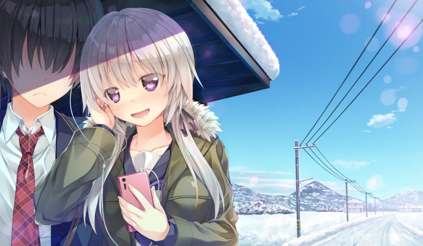 black_hair blush clouds game_cg gray_hair kakegawa_hazuki kiba_satoshi long_hair marmalade phone purple_eyes school_uniform sky snow study_&sect;_steady tie