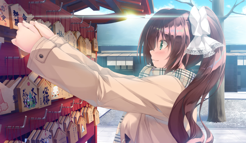 blush bow brown_hair game_cg green_eyes kiba_satoshi kinomiya_nanoka long_hair marmalade ponytail scarf shrine study_&sect;_steady tree