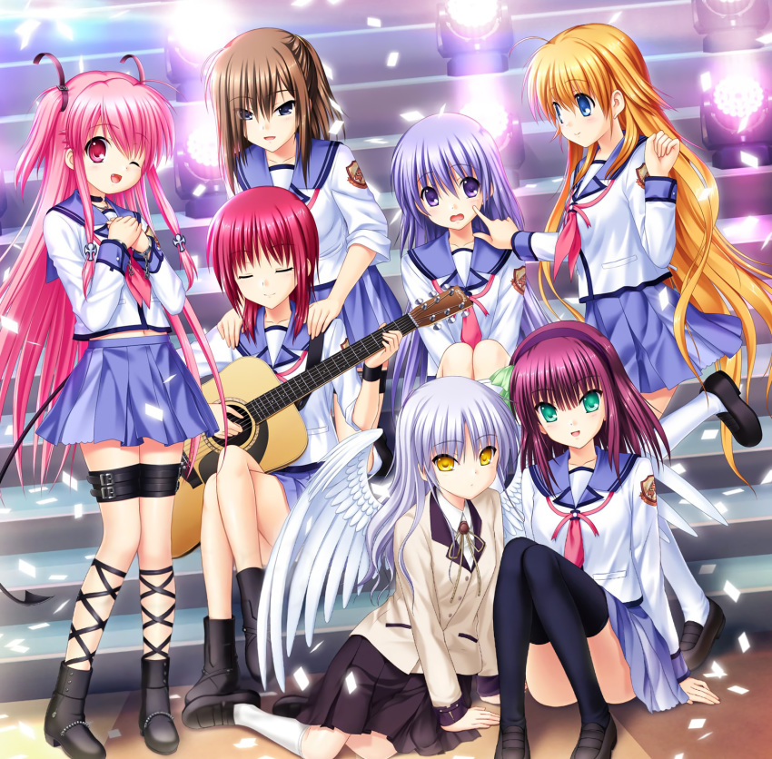 angel_beats! disc_cover guitar hisako irie_(angel_beats!) iwasawa key na-ga seifuku sekine tenshi thighhighs wings yui_(angel_beats!) yurippe