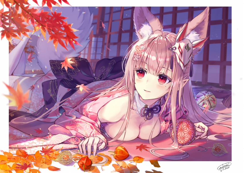 animal_ears bra cleavage kimono kitsune open_shirt pointy_ears sanbasou tagme tail thighhighs
