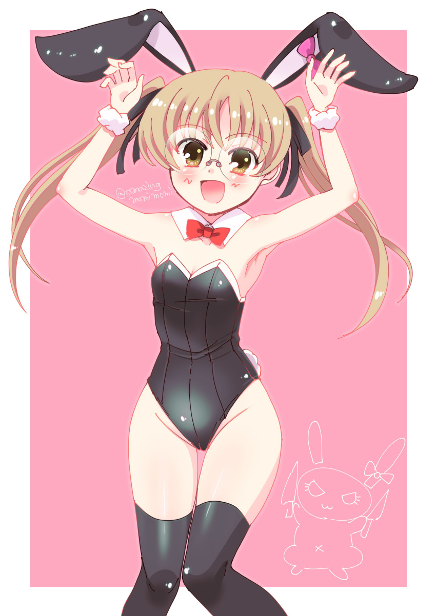 1girl :d absurdres alternate_costume animal_ears arms_up bangs black_legwear black_leotard black_ribbon blush bow bowtie brown_eyes brown_hair bunny_ears bunny_pose bunny_tail bunnysuit commentary detached_collar ear_ribbon emblem eyebrows_visible_through_hair fake_animal_ears fake_tail girls_und_panzer glasses hair_ribbon highres leotard long_hair looking_at_viewer mmmm oono_aya open_mouth outside_border pink_background red_neckwear ribbon round_eyewear simple_background smile solo standing strapless strapless_leotard tail thigh_gap thighhighs twintails twitter_username wristband