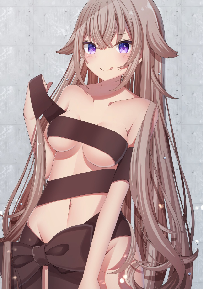 1girl against_wall bangs blush bow breasts brown_eyes brown_ribbon collarbone cowboy_shot groin hair_between_eyes hair_ornament highres licking_lips long_hair looking_at_viewer medium_breasts naked_ribbon navel original purple_eyes ribbon sapphire_(sapphire25252) smile solo thighs tongue tongue_out very_long_hair wall