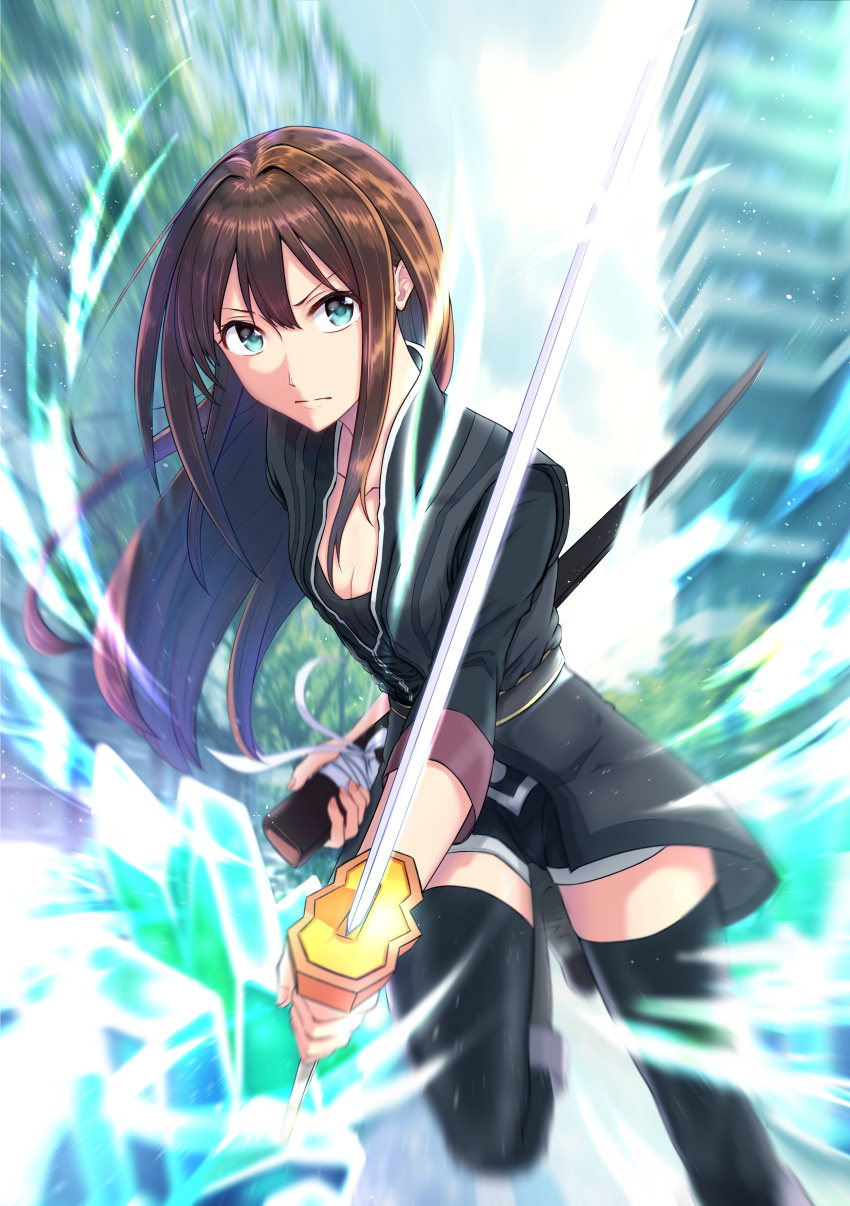 1girl absurdres black_jacket black_legwear black_shorts blue_eyes breasts brown_hair cleavage closed_mouth cosplay floating_hair hair_between_eyes highres holding holding_sheath holding_sword holding_weapon idolmaster idolmaster_cinderella_girls jacket katana long_hair long_sleeves looking_at_viewer murousaisei123 running sheath shibuya_rin shiny shiny_hair short_shorts shorts small_breasts solo sword tales_of_(series) tales_of_vesperia thighhighs v-shaped_eyebrows very_long_hair weapon yuri_lowell yuri_lowell_(cosplay) zettai_ryouiki