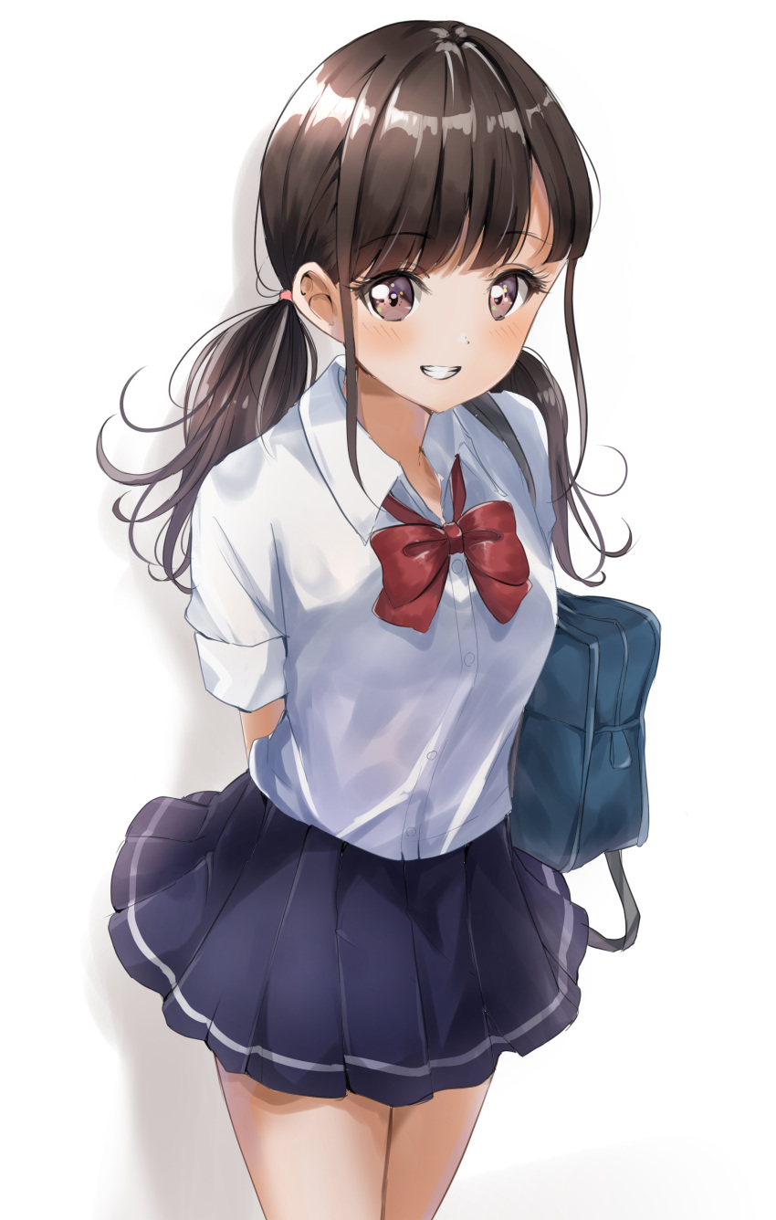 1girl absurdres arms_up bag bangs blue_skirt blush bow brown_eyes brown_hair collared_shirt commentary_request dress_shirt eyebrows_visible_through_hair grin highres long_hair looking_at_viewer low_twintails original pleated_skirt red_bow school_bag school_uniform shadow shirt short_sleeves sidelocks sin_(sin52y) skirt smile solo twintails white_background white_shirt