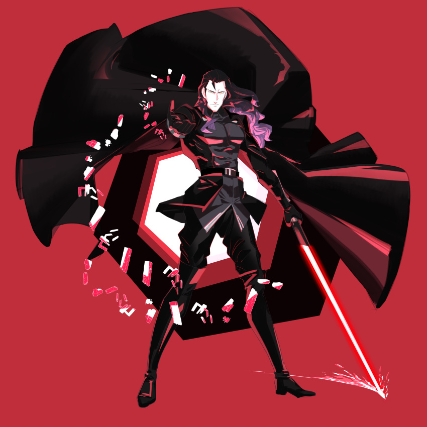 1boy absurdres belt black_cape black_footwear black_gloves black_hair black_legwear boots cape energy_sword fate/grand_order fate_(series) full_body gloves highres holding holding_weapon lightsaber long_hair looking_at_viewer male_focus nikola_tesla_(fate/grand_order) outstretched_hand red_background simple_background solo standing star_wars sword thigh_boots thighhighs viscontiapclyps weapon