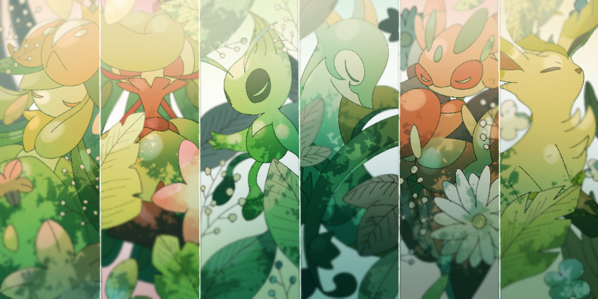 antennae celebi closed_eyes crown floating flower gen_2_pokemon gen_4_pokemon gen_5_pokemon gen_7_pokemon green_hair leafeon legendary_pokemon lilligant lurantis mini_crown no_humans pink_flower plant pokemon pokemon_(creature) serperior standing tsareena white_flower yukifuri_tsuyu