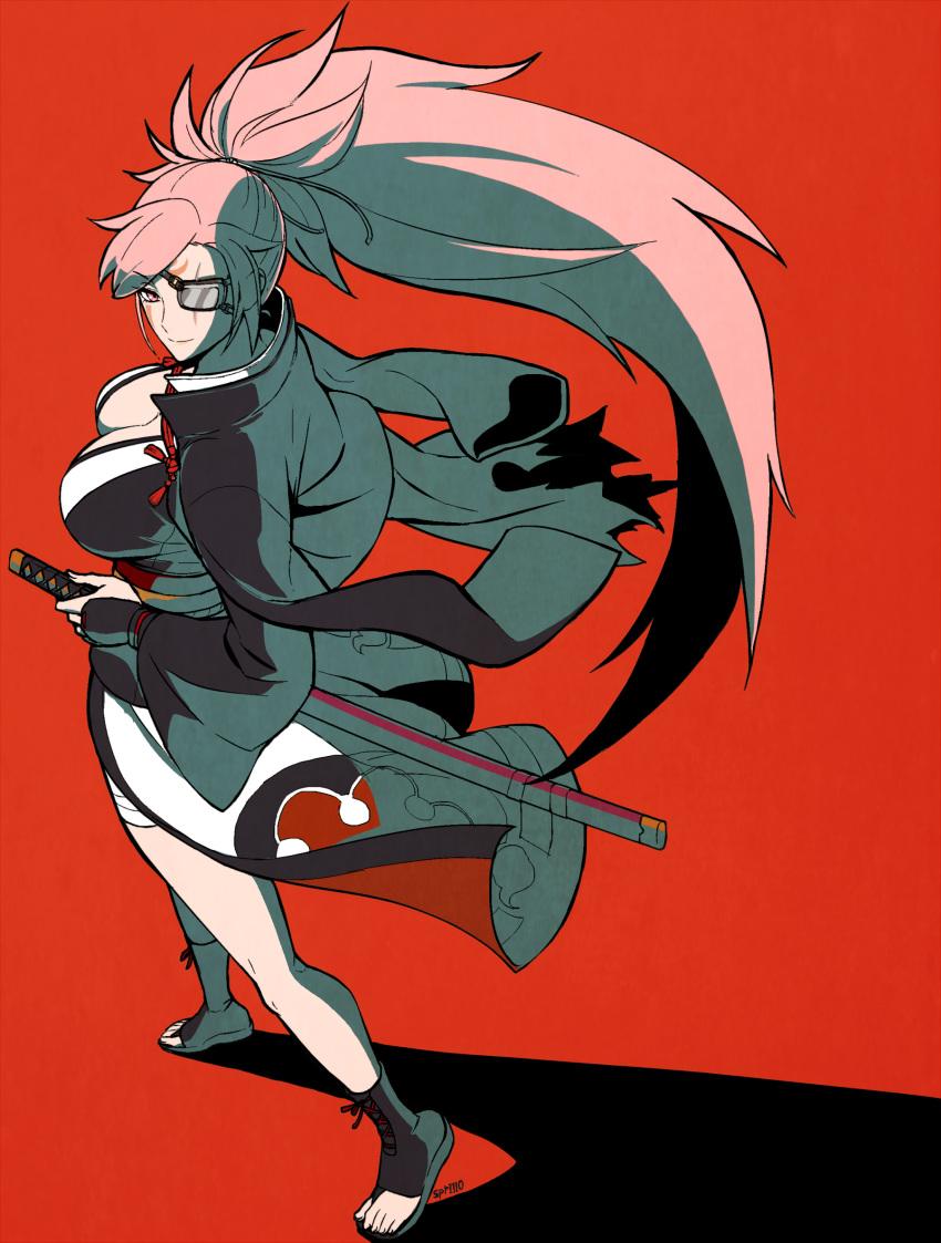 1girl amputee baiken big_hair black_footwear black_jacket black_kimono boots breasts cleavage eyepatch facial_tattoo from_above full_body guilty_gear guilty_gear_xrd hand_on_hilt highres jacket jacket_on_shoulders japanese_clothes kataginu katana kimono large_breasts looking_back multicolored multicolored_clothes multicolored_kimono one-eyed pink_eyes pink_hair ponytail red_background samurai scabbard scar scar_across_eye sheath sheathed smile solo sword tattoo tb_(spr1110) toeless_boots torn_sleeve walking weapon white_kimono