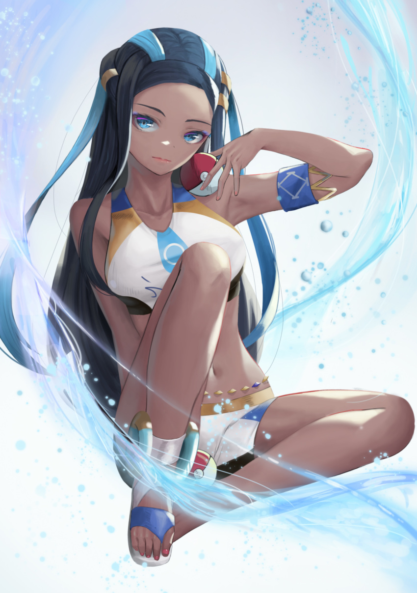 1girl absurdres arm_behind_back armband belly_chain bikini bikini_shorts black_hair blue_eyes blue_hair dark_skin floating_hair full_body gym_leader highres holding holding_poke_ball jewelry long_hair looking_at_viewer multicolored_hair nail_polish navel nekobell poke_ball poke_ball_(generic) pokemon pokemon_(game) pokemon_swsh red_nails rurina_(pokemon) shorts solo sports_bikini swimsuit toenail_polish two-tone_hair very_long_hair white_bikini