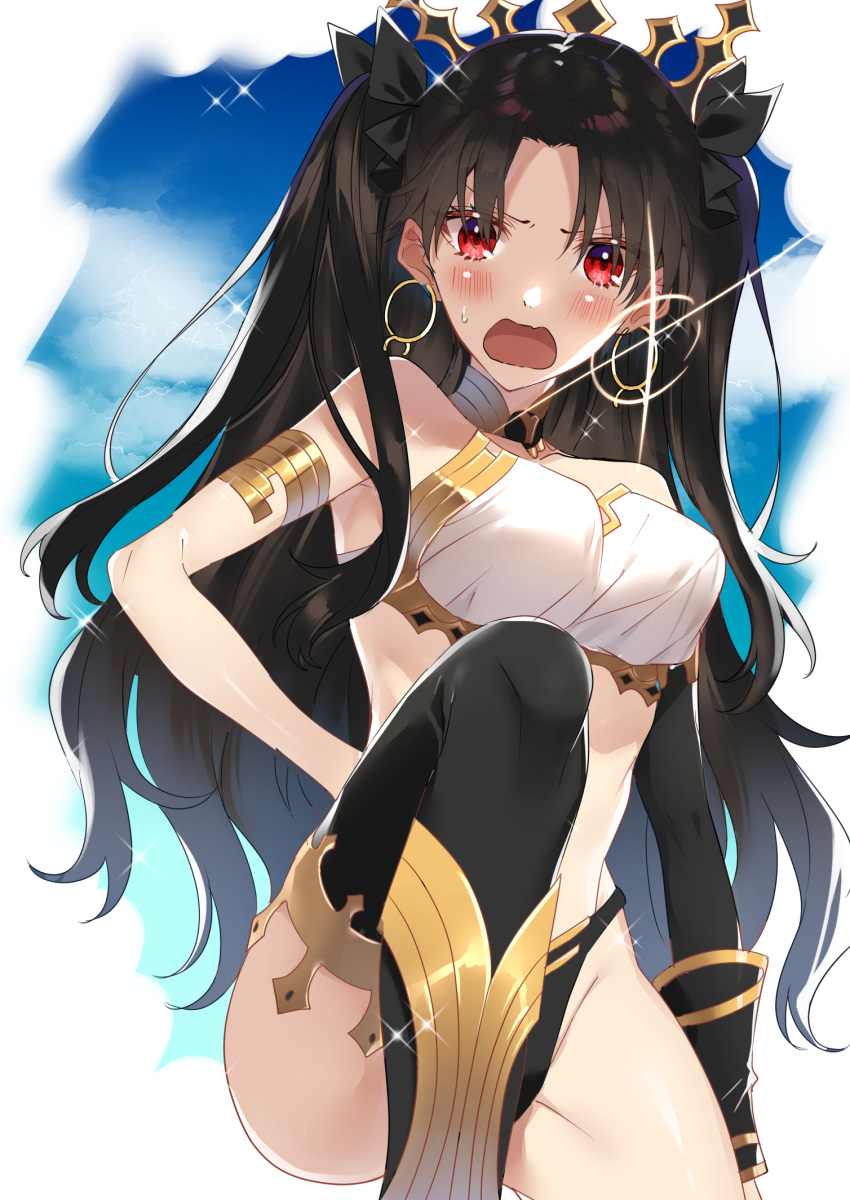 1girl armlet asymmetrical_legwear asymmetrical_sleeves bangs bare_shoulders black_bikini_bottom black_bow black_hair black_legwear blue_sky blush bow breasts detached_sleeves earrings fate/grand_order fate_(series) hair_bow highres hoop_earrings ishtar_(fate/grand_order) jewelry legs long_hair looking_at_viewer neck_ring open_mouth parted_bangs red_eyes satsukinapo single_detached_sleeve sky solo thighhighs thighs tiara two_side_up white_bikini_top