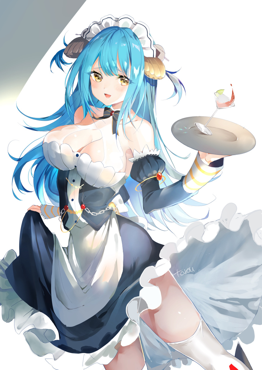 1girl absurdres apron artist_name azur_lane blue_hair breasts clam cleavage commentary_request cup detached_sleeves drinking_glass highres hoerutarou large_breasts long_hair looking_at_viewer maid_headdress neptune_(azur_lane) open_mouth ribbon skirt skirt_lift sleeveless solo tray white_background wine_glass yellow_eyes