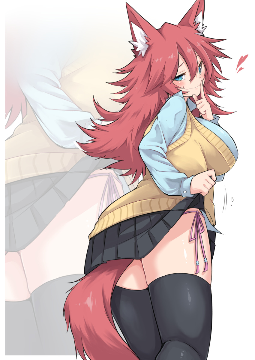 1girl absurdres alternate_costume animal_ear_fluff animal_ears black_legwear blue_eyes blush breasts dress_shirt finger_to_mouth firo_(shun_soku) heart highres large_breasts lifted_by_self long_hair looking_back miniskirt original panties pleated_skirt purple_panties red_hair shirt shun_soku side-tie_panties skirt skirt_lift smile solo sweater_vest tail thighhighs thighs underwear wolf_ears wolf_tail zettai_ryouiki zoom_layer