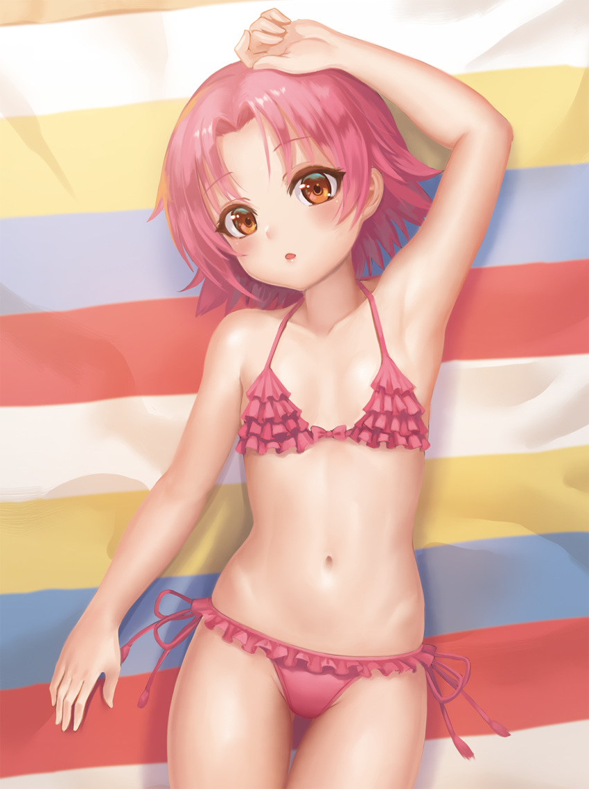 1girl :o arm_at_side arm_up armpits bangs bikini blush bow collarbone cowboy_shot eyebrows_visible_through_hair flat_chest frilled_bikini frills from_above front-tie_bikini front-tie_top head_tilt highres kogami_akira layered_bikini looking_at_viewer lucky_star lying navel on_back orange_eyes parted_bangs parted_lips pink_bikini pink_bow pink_hair pink_ribbon ranma_(kamenrideroz) ribbon short_hair side-tie_bikini solo stomach swimsuit tareme thigh_gap