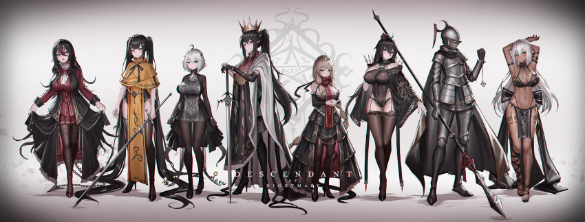 6+girls :o absurdly_long_hair ahoge ambiguous_gender armor arms_up asymmetrical_clothes asymmetrical_gloves black_dress black_hair blonde_hair blue_eyes bodystocking bracelet breasts cape capelet commentary_request crown cthulhu_mythos curtsey dark_skin dress dress_lift expressionless eyebrows_visible_through_hair full_armor full_body gloves green_eyes hair_ornament hairclip hand_on_own_chest hands_clasped hands_on_hilt height_difference helmet high_heels highres jewelry knight large_breasts long_hair longsword multicolored_hair multiple_girls original own_hands_together pelvic_curtain pentagram pointy_ears polearm ponytail purple_eyes red_eyes red_hair showgirl_skirt single_glove smile spear streaked_hair sword tentacles thighhighs tiara twintails very_long_hair weapon white_hair yellow_sign yurichtofen zweihander