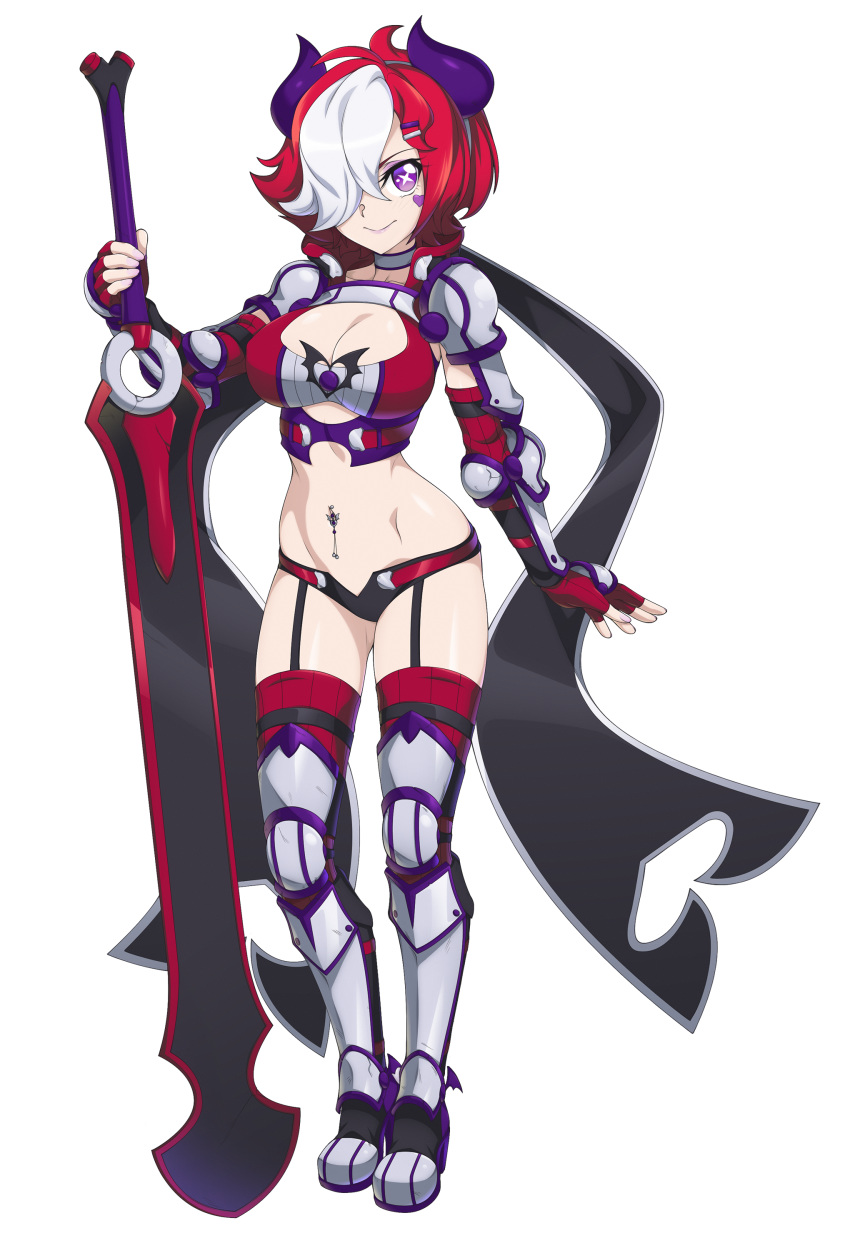 +_+ 1girl :&gt; absurdres armor armored_boots ass_visible_through_thighs bat_wings bikini_armor boots borrowed_character breasts choker chuunioniika commission eyeshadow fingerless_gloves full_body garter_straps gloves greaves hair_over_one_eye hairband heart highres horns large_breasts lowleg lowleg_shorts makeup midriff multicolored_hair navel navel_piercing original piercing purple_eyes red_hair scarf shorts shoulder_armor smile solo sword tattoo thighhighs transparent_background vambraces venus_(lederhozen) weapon white_hair wings