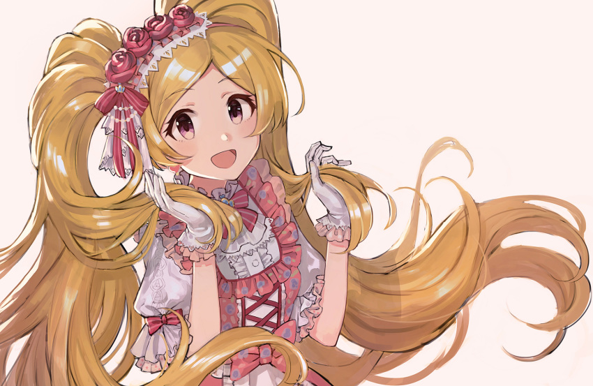 1girl :d bangs blonde_hair bow brown_background center_frills commentary_request dress_shirt emily_stewart eyebrows_visible_through_hair flower frills gloves hair_flower hair_ornament highres holding holding_hair idolmaster idolmaster_million_live! idolmaster_million_live!_theater_days long_hair looking_at_viewer open_mouth parted_bangs puffy_short_sleeves puffy_sleeves purple_eyes red_bow red_flower red_rose rose ryokucha_manma shirt short_sleeves simple_background smile solo striped striped_bow twintails very_long_hair white_gloves white_shirt