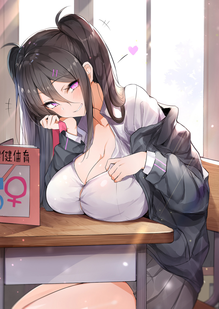 +++ 1girl black_hair black_jacket black_skirt blush book breast_rest breasts chair cleavage collared_shirt desk graphite_(medium) grin hair_between_eyes hair_ornament hairclip hand_on_own_cheek heart highres indoors jacket large_breasts laughing long_hair long_sleeves looking_at_viewer luse_maonang mars_symbol mechanical_pencil miniskirt official_art on_chair open_book open_clothes open_jacket original parted_lips pencil pink_eyes school_chair school_desk school_uniform shirt sidelocks sitting skirt smile solo traditional_media translation_request twintails venus_symbol white_shirt