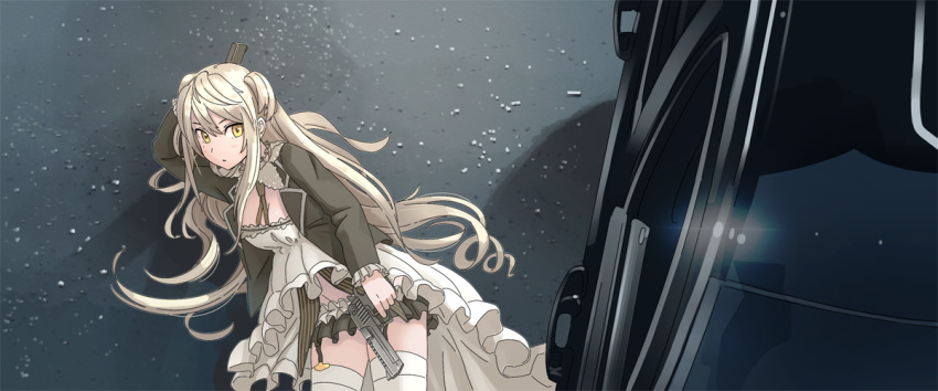 1girl bangs black_jacket black_skirt blazer blonde_hair breasts car coattails cowboy_shot deadpool_(movie) desert_eagle desert_eagle_(girls_frontline) detached_collar dress dual_wielding finger_on_trigger frilled_dress frilled_sleeves frills garter_straps girls_frontline ground_vehicle gun hair_between_eyes handgun holding holding_gun holding_weapon jacket long_sleeves microskirt mole mole_under_eye motor_vehicle open_blazer open_clothes open_jacket parody pistol skirt small_breasts solo tab_(tabkun) thighhighs two_side_up weapon white_dress white_legwear yellow_eyes