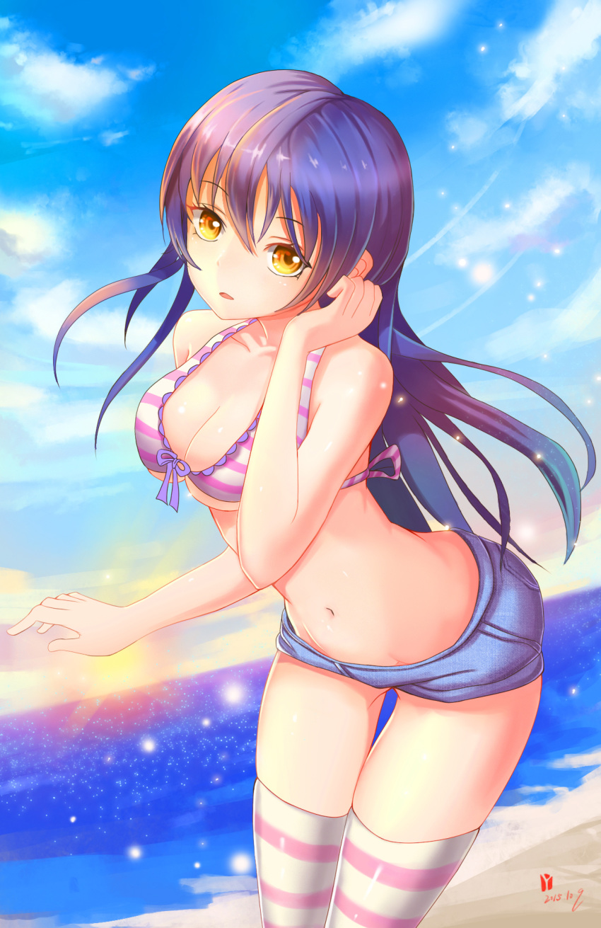 1girl arm_up bangs bikini_top blue_hair blush breasts cleavage commentary_request cowboy_shot eyebrows_visible_through_hair friker front-tie_top hair_between_eyes highres long_hair looking_at_viewer love_live! love_live!_school_idol_project navel open_mouth outdoors parted_lips short_shorts shorts solo sonoda_umi striped striped_bikini_top striped_legwear thighhighs yellow_eyes