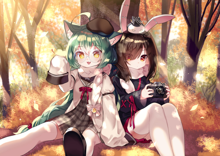 2girls :d ahoge akashi_(azur_lane) animal_ear_fluff animal_ears autumn_leaves azur_lane bangs beret black_footwear black_sailor_collar bow braid brown_dress brown_hair brown_headwear bunny_ears camera cat_ears closed_mouth commentary_request dress eyebrows_visible_through_hair eyes_visible_through_hair fang glasses green_hair hair_between_eyes hair_bow hair_over_one_eye hat highres holding holding_camera jacket juliet_sleeves leaf long_hair long_sleeves looking_at_viewer maple_leaf mechuragi multiple_girls on_head open_clothes open_jacket open_mouth plaid plaid_dress puffy_sleeves red_bow red_eyes round_eyewear sailor_collar sailor_dress scarf shiranui_(azur_lane) shoe_soles shoes sitting sleeves_past_fingers sleeves_past_wrists smile thighhighs tilted_headwear tree very_long_hair white_jacket white_legwear white_scarf wide_sleeves yellow_eyes