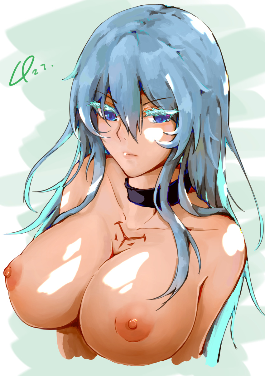 1girl 4zz absurdres akame_ga_kill! blue_eyes blue_hair breasts chest_tattoo closed_mouth collarbone commentary esdeath expressionless hair_between_eyes highres huge_filesize large_breasts long_hair looking_at_viewer nipples nude shiny shiny_skin solo tattoo upper_body