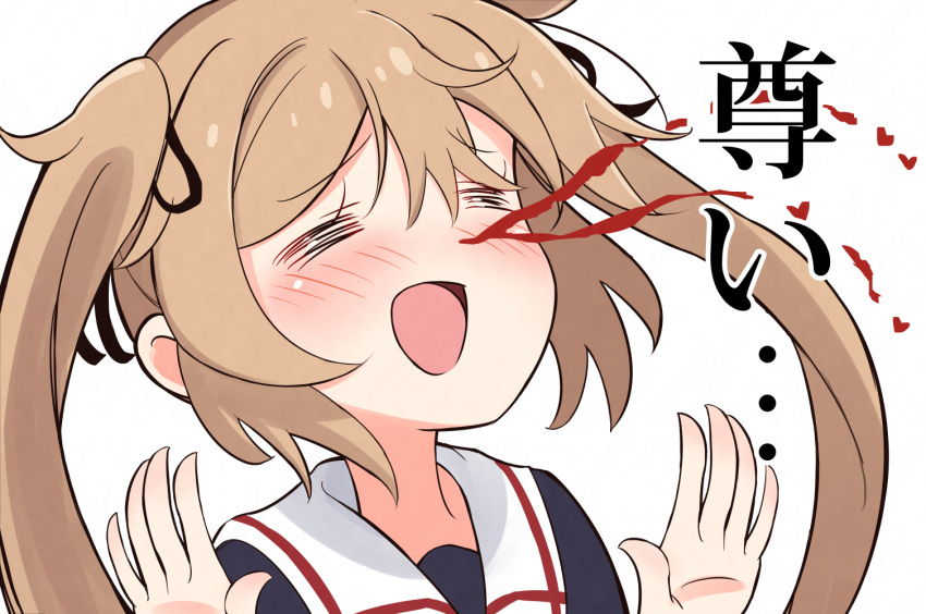 1girl black_serafuku blood closed_eyes commentary_request kantai_collection kuroten light_brown_hair long_hair murasame_(kantai_collection) neckerchief nosebleed raised_hands red_neckwear school_uniform serafuku simple_background smile solo translated twintails upper_body white_background