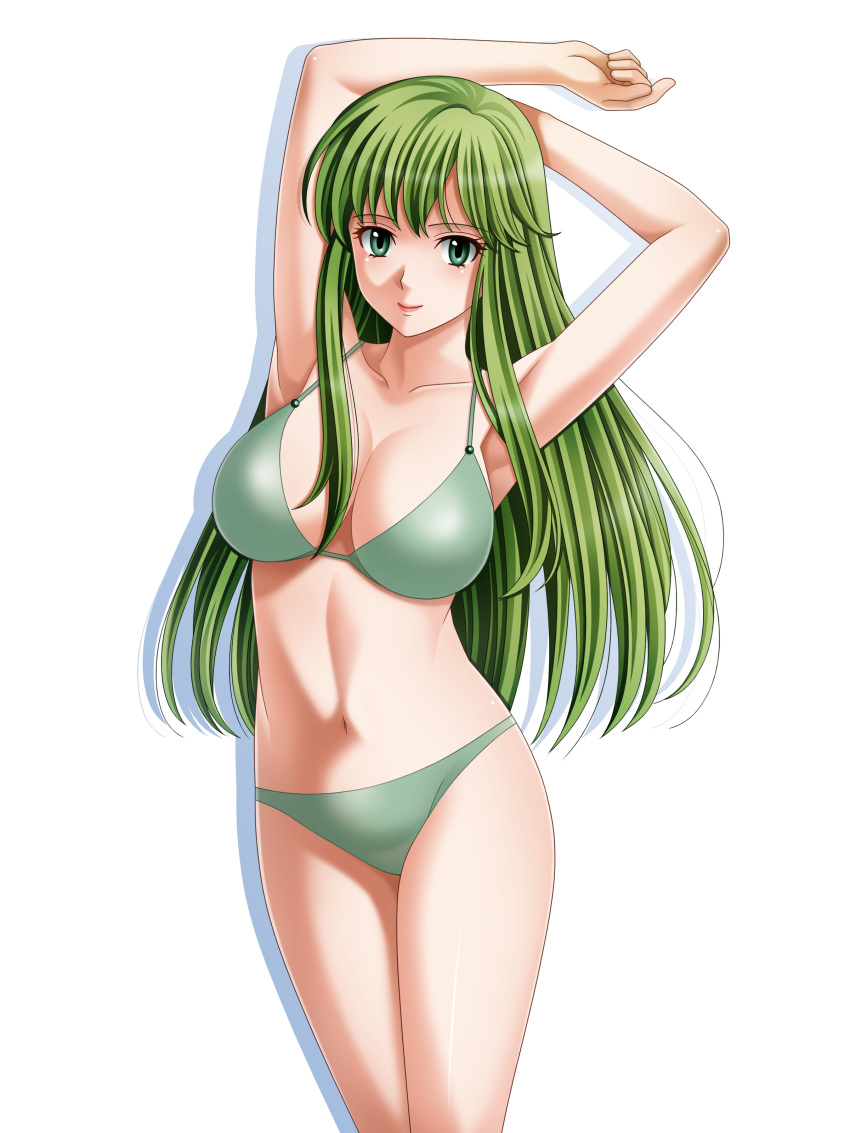 1girl absurdres armpits arms_up bangs bikini breasts cleavage closed_mouth fire_emblem fire_emblem:_mystery_of_the_emblem green_bikini green_eyes green_hair highres large_breasts long_hair looking_at_viewer navel palla_(fire_emblem) shiny shiny_hair sideboob simple_background smile solo standing swimsuit tamamon very_long_hair white_background