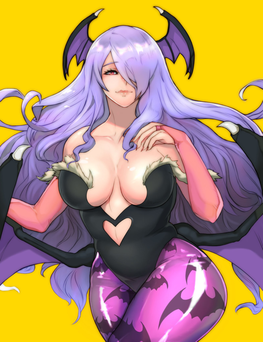 1girl animal_print art_cerealex bangs bare_shoulders bat bat_print breasts bridal_gauntlets camilla_(fire_emblem) cleavage closed_mouth collarbone commentary cosplay feather_trim fingernails fire_emblem fire_emblem_fates fire_emblem_heroes hair_over_one_eye hand_up head_wings highleg highleg_leotard highres large_breasts leotard lips long_hair morrigan_aensland morrigan_aensland_(cosplay) nail_polish orange_background pantyhose print_legwear purple_hair red_eyes red_nails shiny shiny_clothes shiny_hair shiny_skin simple_background skin_tight smile strapless strapless_leotard vampire_(game) wings