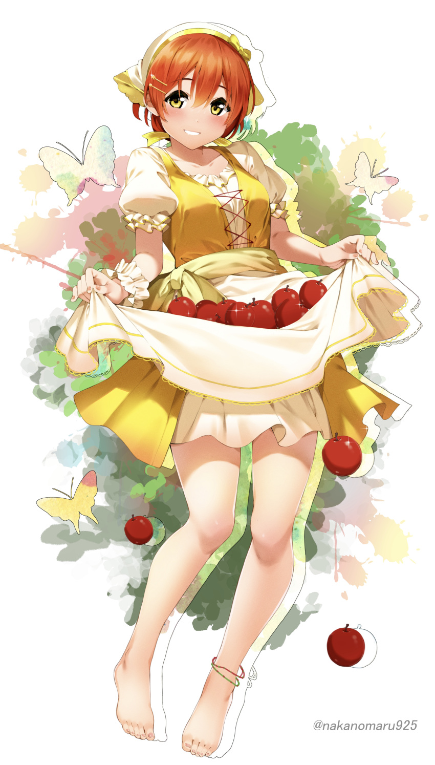 1girl absurdres alternate_costume anklet apple apron apron_basket barefoot bug butterfly commentary cross-laced_clothes dress eyebrows_visible_through_hair fingernails food fruit full_body grin hair_between_eyes hair_ornament hairclip head_scarf highres hoshizora_rin jewelry legs looking_at_viewer love_live! love_live!_school_idol_project nakano_maru orange_hair puffy_short_sleeves puffy_sleeves sash short_hair short_sleeves smile solo standing toenails toes twitter_username waist_apron white_background white_dress white_headwear wrist_cuffs yellow_eyes