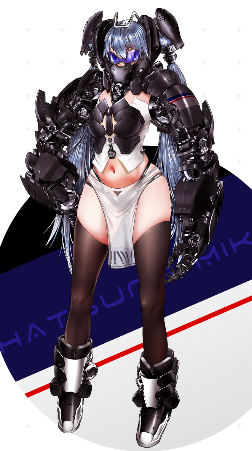 1girl armor blue_hair commentary covered_mouth exoskeleton full_body hand_on_hip hatsune_miku highres long_hair looking_at_viewer mecha_musume mechanical_arm metal_akira midriff navel pelvic_curtain science_fiction solo sunglasses thighhighs twintails very_long_hair vocaloid