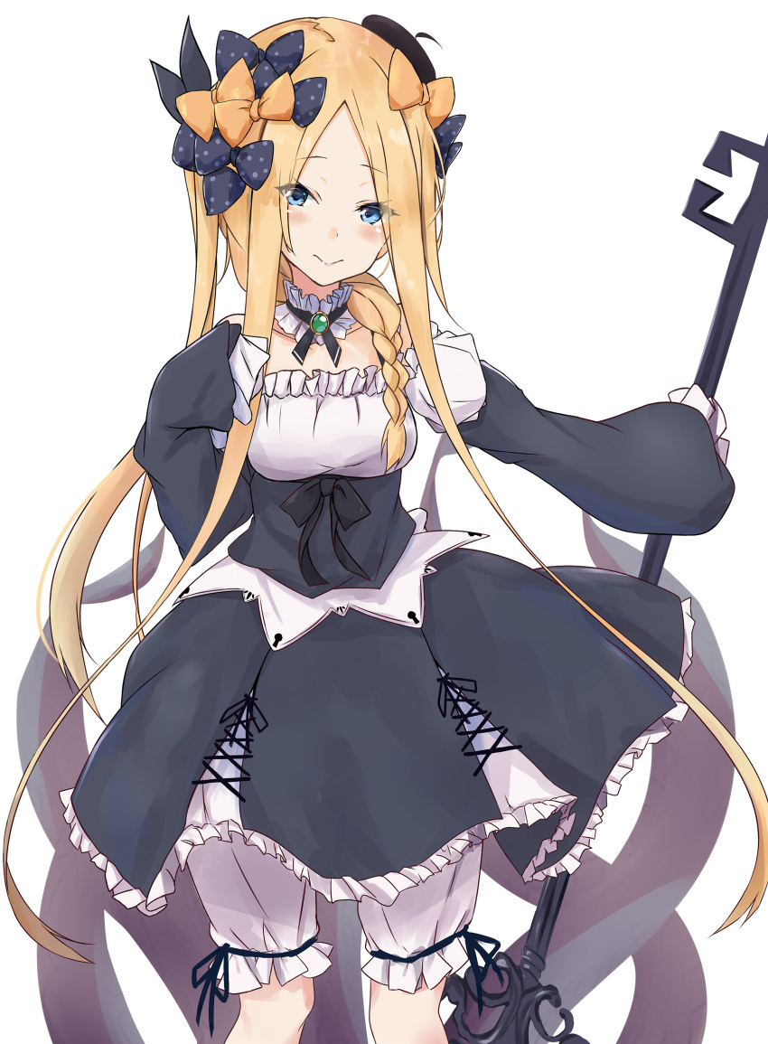 1girl abigail_williams_(fate/grand_order) absurdres arm_behind_back black_dress blonde_hair bloomers blue_eyes blush bow braid brooch choker commentary_request dress fate/grand_order fate_(series) hair_bow highres jewelry long_hair looking_at_viewer multiple_bows saku_(kudrove) single_braid smile solo staff underwear