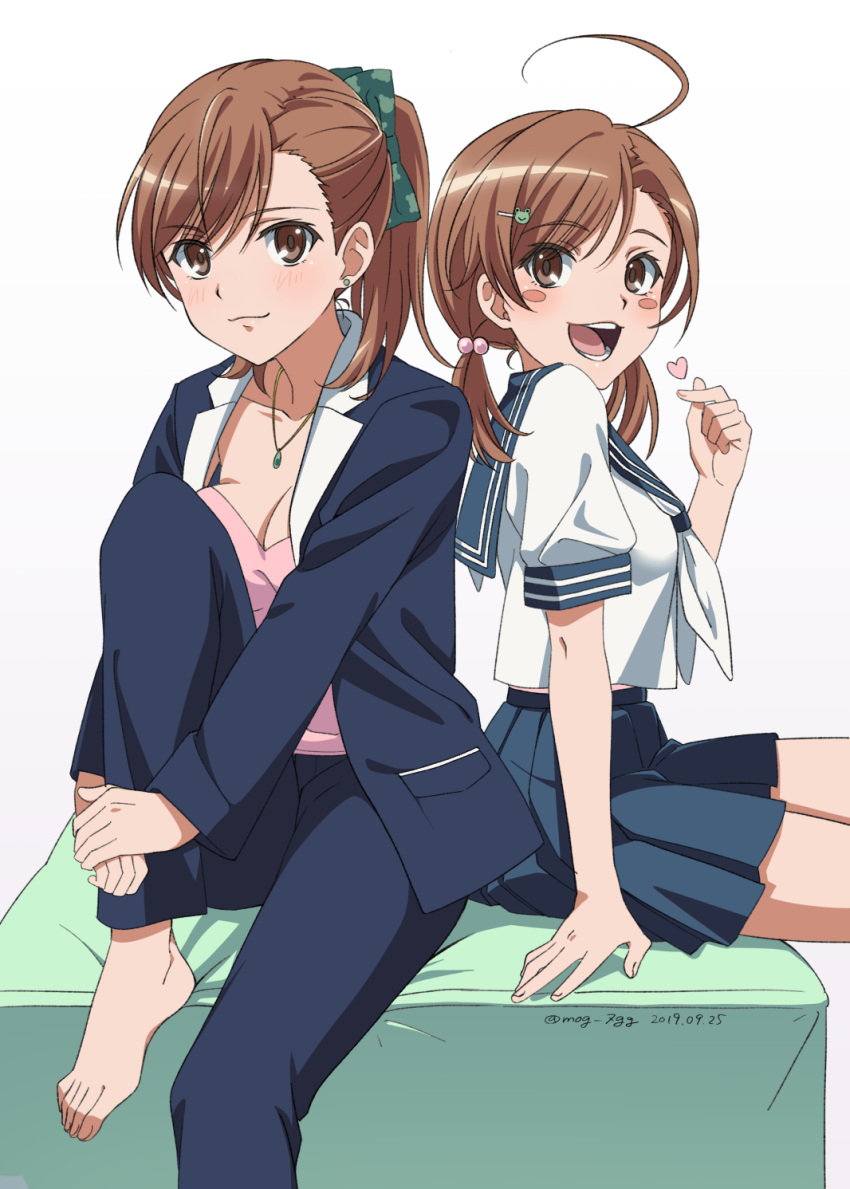 2girls :d alternate_hairstyle barefoot blue_jacket blue_skirt blue_suit blush blush_stickers breasts brown_eyes brown_hair cleavage clone commentary_request earrings from_side gekota green_ribbon hair_bobbles hair_ornament hair_ribbon hairpin heart highres jacket jewelry knee_up last_order looking_at_viewer looking_to_the_side medium_breasts medium_hair misaka_mikoto multiple_girls naguramu neckerchief older open_mouth pink_shirt pleated_skirt ponytail ribbon school_uniform serafuku shirt simple_background sitting skirt smile to_aru_kagaku_no_railgun to_aru_majutsu_no_index twintails white_background white_neckwear white_shirt