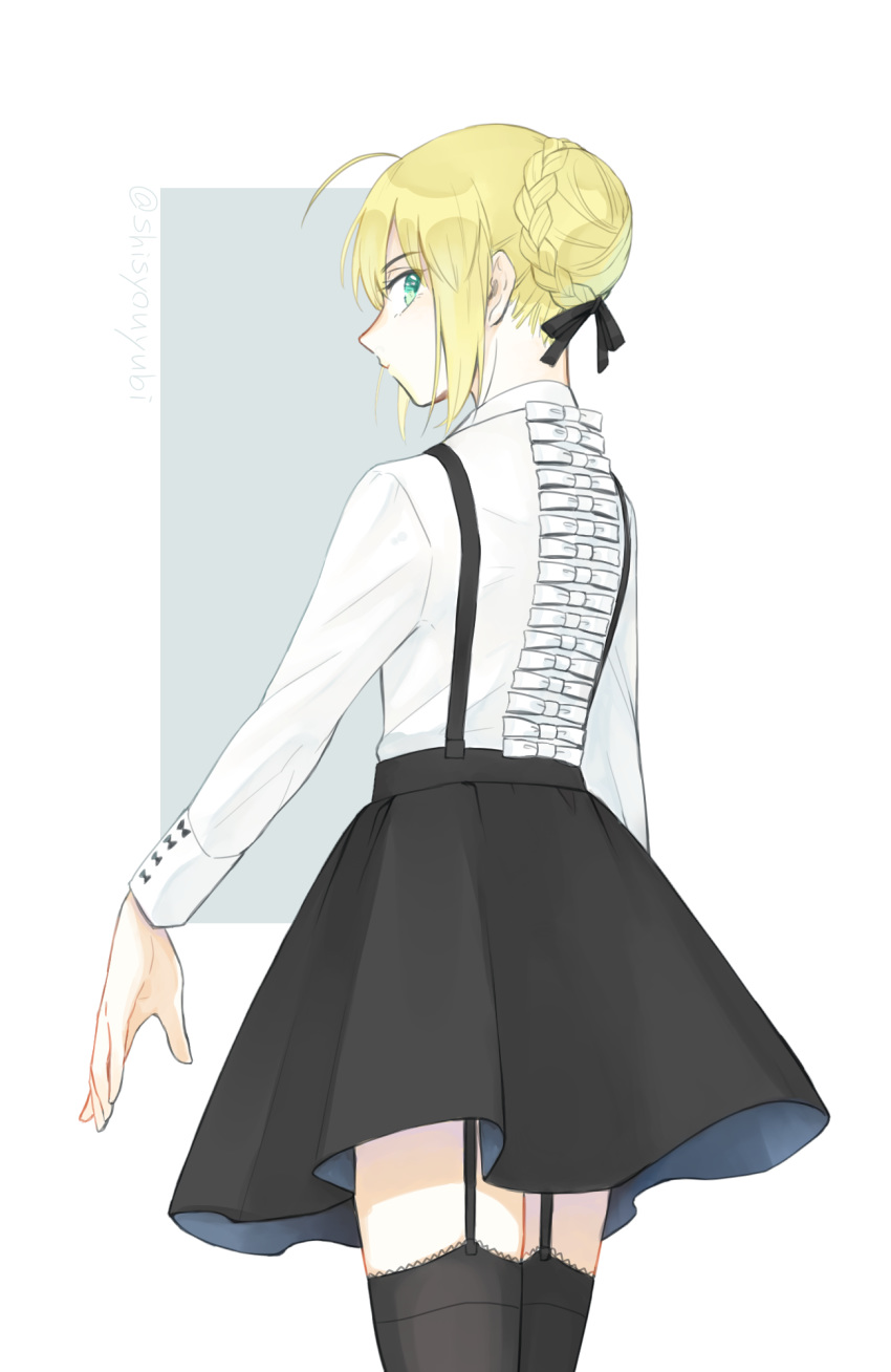 1girl ahoge artoria_pendragon_(all) black_legwear black_ribbon black_skirt blonde_hair braid braided_bun cowboy_shot eyebrows_visible_through_hair fate/stay_night fate_(series) from_side green_eyes hair_ribbon highres karakuri2357 long_sleeves looking_at_viewer looking_back miniskirt profile ribbon saber shirt short_hair skirt solo standing suspender_skirt suspenders thighhighs white_background white_shirt zettai_ryouiki