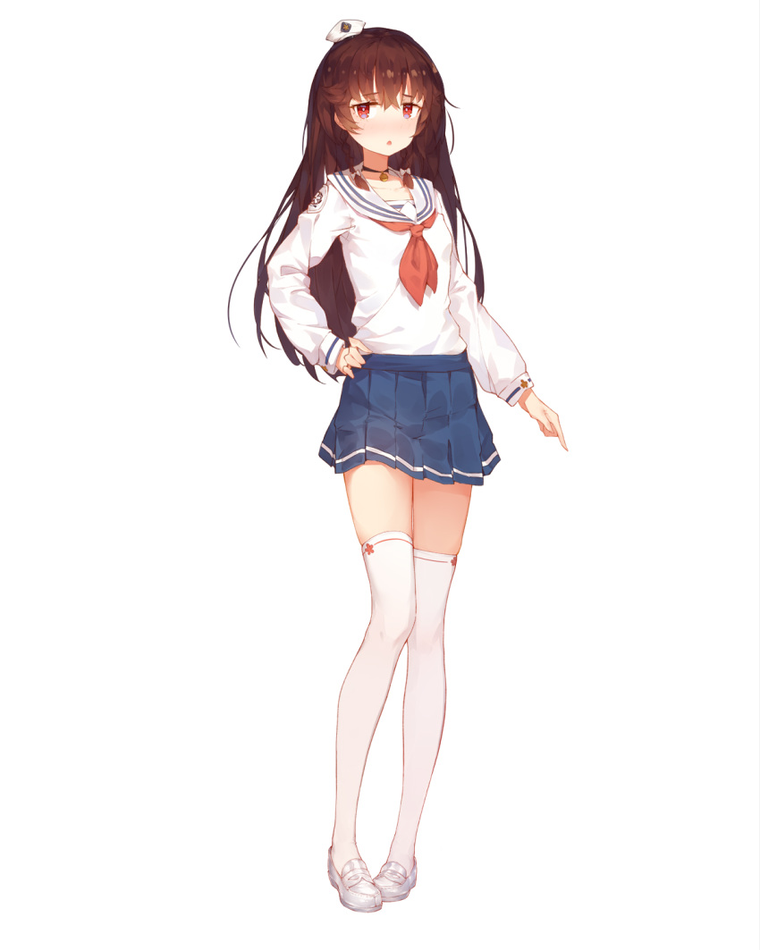 1girl blue_skirt brown_hair choker collarbone eyebrows_visible_through_hair full_body hand_on_hip hat highres long_hair long_sleeves looking_at_viewer mini_hat miniskirt neckerchief original parted_lips pleated_skirt red_eyes red_neckwear school_uniform serafuku simple_background skirt solo thighhighs triangle_mouth white_background white_footwear white_legwear yong_mei-uta zettai_ryouiki