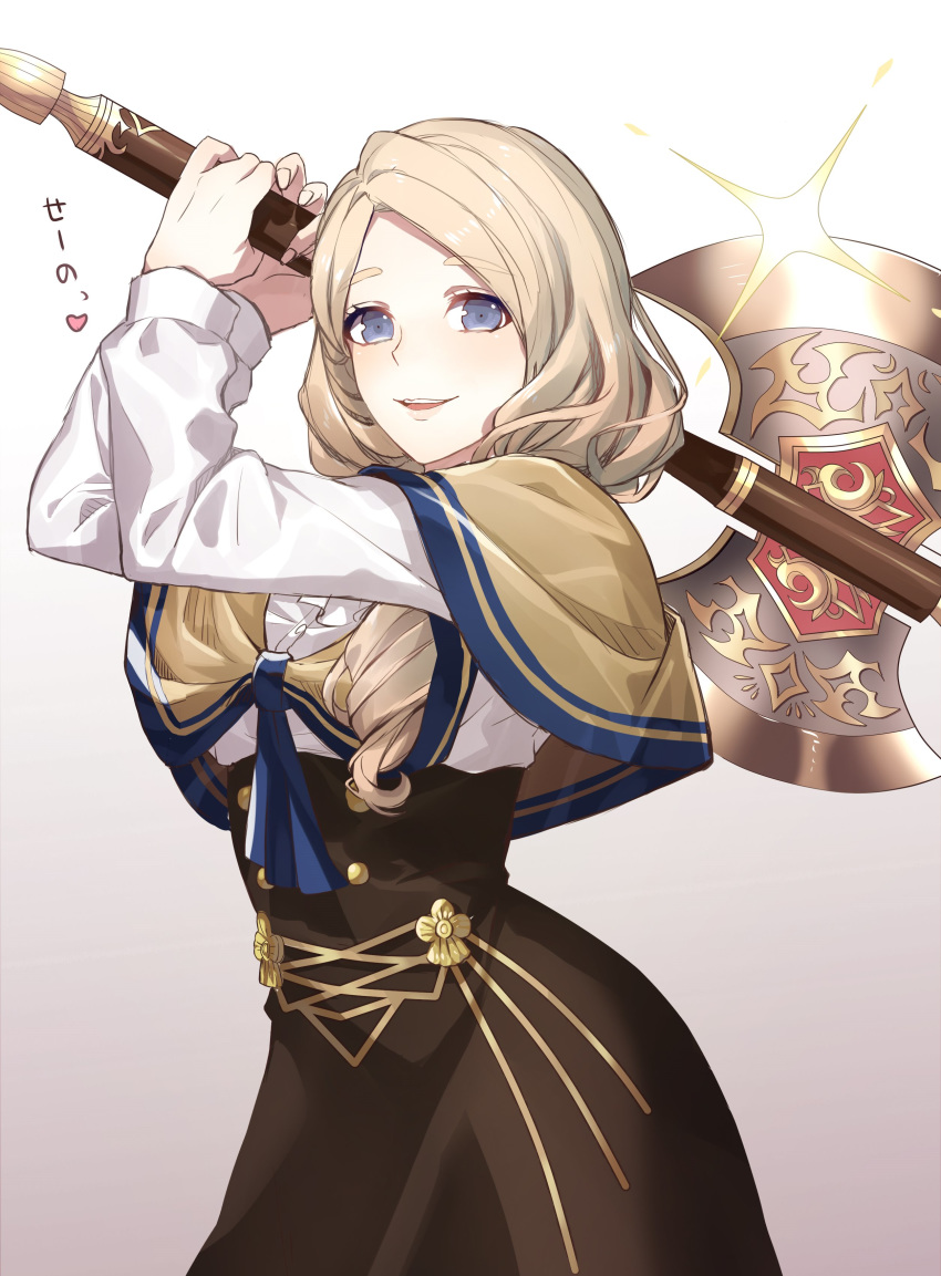 1girl absurdres axe blonde_hair blue_eyes fire_emblem fire_emblem:_three_houses gari_(apollonica) garreg_mach_monastery_uniform gradient gradient_background highres holding holding_axe long_hair mercedes_von_martritz parted_lips simple_background solo uniform upper_body