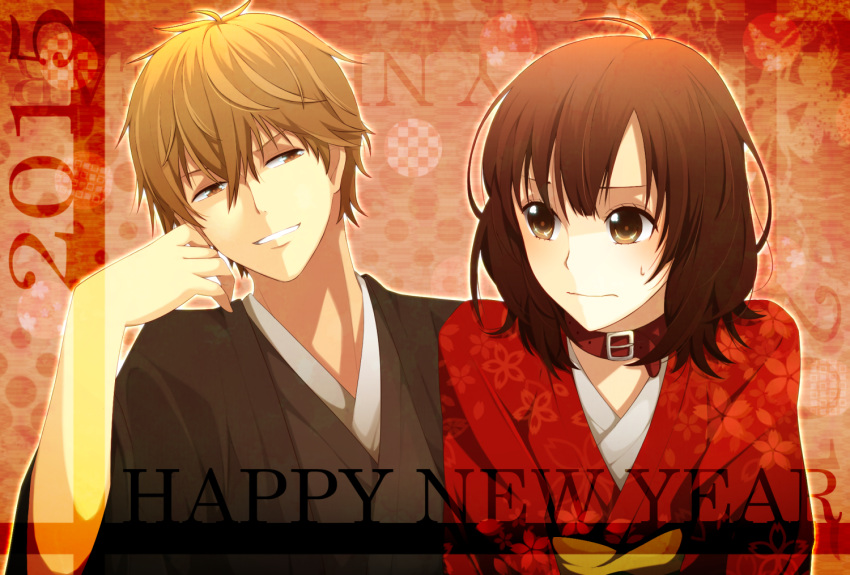 1boy 1girl 2015 ahoge bangs black_kimono blonde_hair brown_eyes brown_hair buckle closed_mouth collar dotted_background evil_grin evil_smile floral_print grin hair_between_eyes half-closed_eyes hand_up happy_new_year japanese_clothes kamu_(ayano1342) kimono light_frown looking_at_another medium_hair new_year obi ookami_shoujo_to_kuro_ouji red_background red_kimono sash sata_kyouya shinohara_erika short_hair smile sweatdrop upper_body yellow_sash