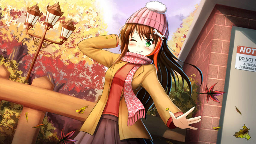 1girl ;q arlly_radithia autumn_leaves bangs beanie black_skirt blue_sky blush breasts brick_wall brown_hair brown_jacket closed_mouth cloud commentary commission day door english_commentary eyebrows_visible_through_hair fence green_eyes hair_between_eyes hair_ornament hat jacket lamppost leaf long_hair long_sleeves maple_leaf medium_breasts multicolored_hair one_eye_closed open_clothes open_jacket orange_hair original outdoors pink_headwear pleated_skirt red_shirt shirt sign skirt sky smile solo streaked_hair tongue tongue_out tree very_long_hair warning_sign wrench