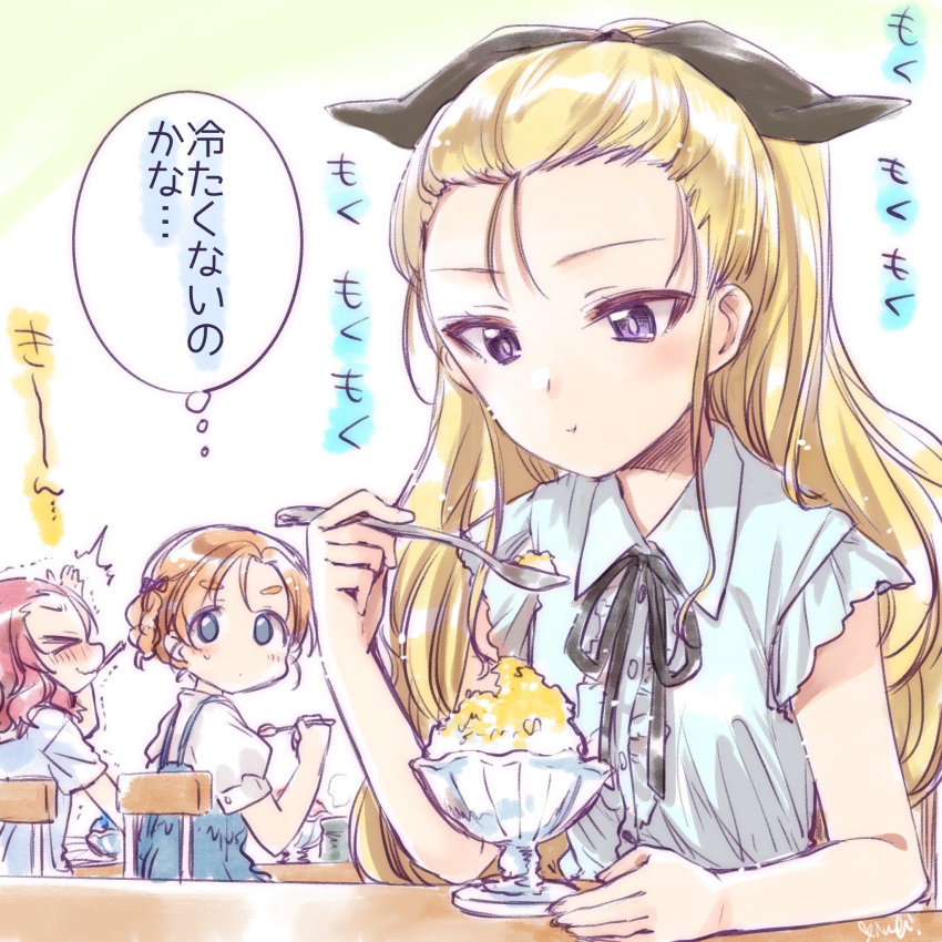 &gt;_&lt; /\/\/\ 3girls :t artist_name assam bangs black_bow black_neckwear black_ribbon blonde_hair blue_eyes blue_shirt blush bow braid brain_freeze casual chair closed_eyes collared_shirt commentary eating girls_und_panzer glass hair_bow hair_pulled_back hair_ribbon hand_on_own_head highres holding holding_spoon kuroi_mimei layered_clothing long_hair looking_at_another looking_back medium_hair multiple_girls neck_ribbon orange_hair orange_pekoe parted_bangs puffy_short_sleeves puffy_sleeves red_hair ribbon rosehip shaved_ice shirt short_hair short_sleeves signature sitting spoon spoon_in_mouth sweatdrop tied_hair translated trembling twin_braids white_shirt