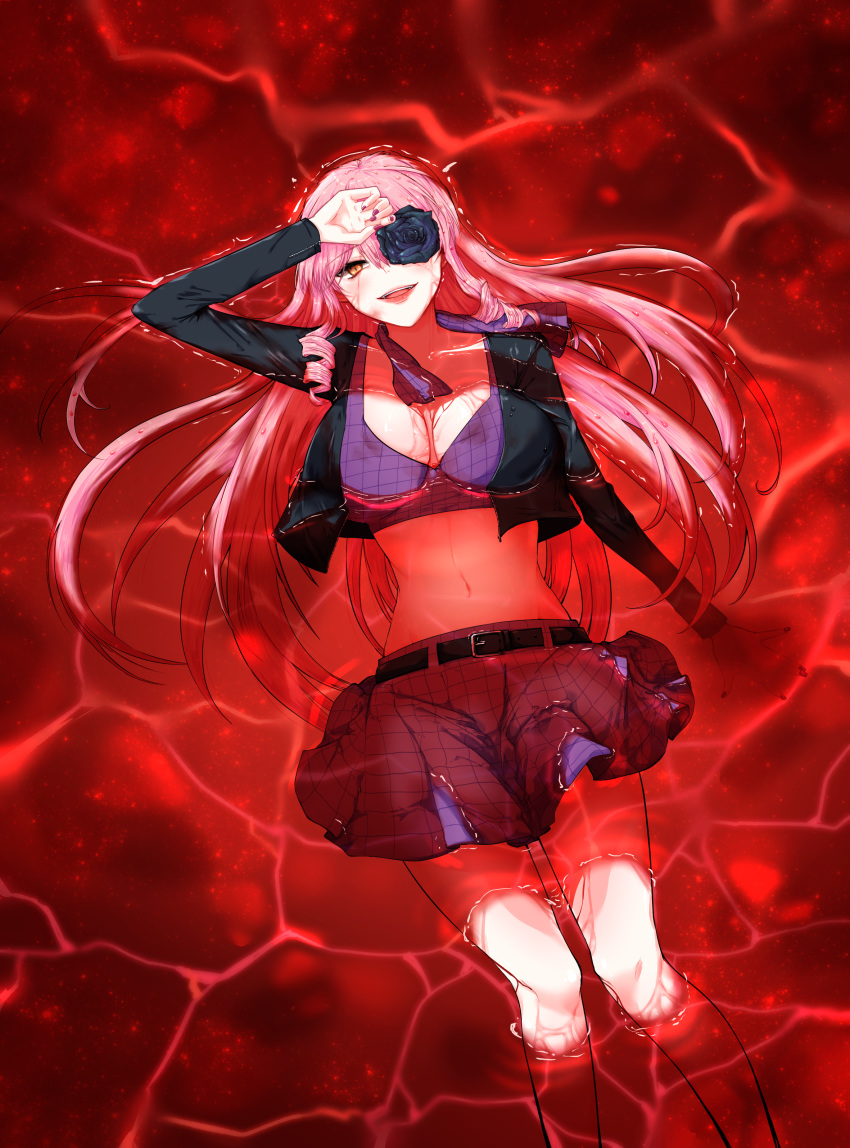 1girl :d aaaaddddd absurdres akuma_no_riddle black_flower black_jacket black_rose bra breasts cleavage floating_hair flower from_above highres inukai_isuke jacket large_breasts long_hair long_sleeves looking_at_viewer lying midriff miniskirt navel on_back open_clothes open_jacket open_mouth orange_eyes pink_hair plaid plaid_skirt pleated_skirt purple_bra purple_skirt rose skirt smile solo stomach underwear very_long_hair