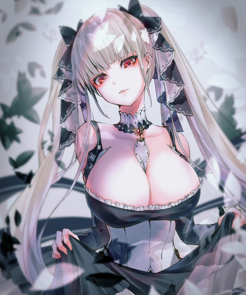 1girl azur_lane between_breasts black_butterfly breasts bug butterfly cleavage detached_collar formidable_(azur_lane) frills hair_ribbon highres insect large_breasts lips long_hair looking_at_viewer no_bra parted_lips ribbon sanamisa silver_hair skirt skirt_lift twintails very_long_hair