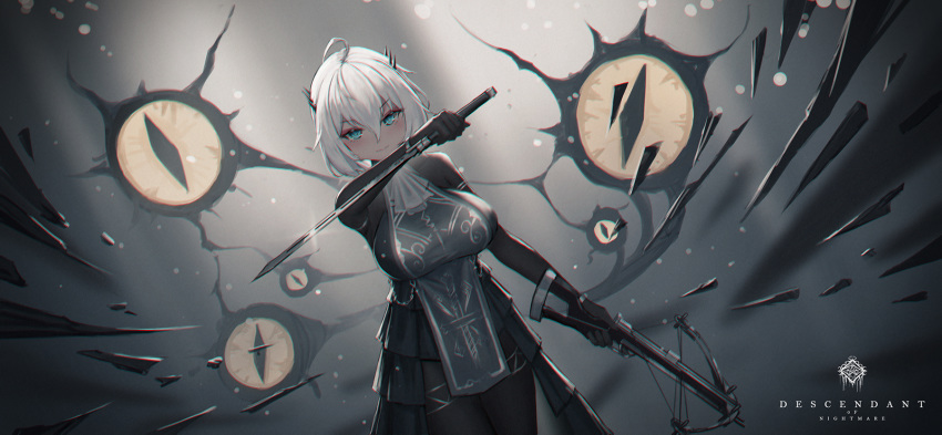 1girl black_eyes blue_eyes blush bow_(weapon) breasts crossbow cthulhu_mythos dual_wielding extra_eyes eyebrows_visible_through_hair hair_between_eyes highres holding holding_crossbow holding_sword holding_weapon large_breasts original short_hair smile solo sword weapon white_hair yurichtofen