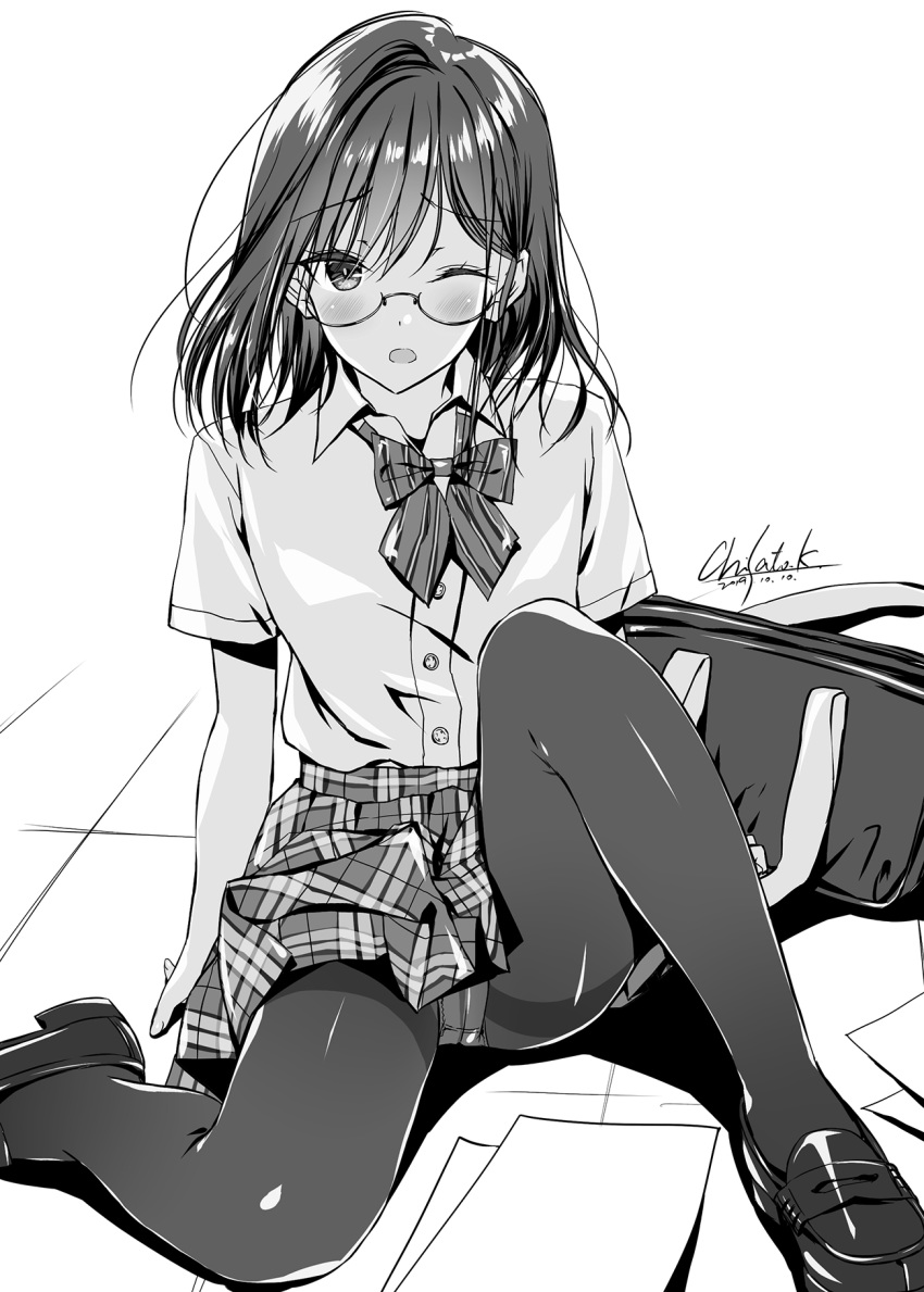 artist_name bag blush bow bowtie checkered checkered_skirt collared_shirt commentary_request eyebrows_visible_through_hair floor glasses greyscale hair_between_eyes highres holding holding_bag kobayashi_chisato leg_up looking_at_viewer lucky_pervert monochrome one_eye_closed open_mouth original panties panties_under_pantyhose pantyhose paper school_uniform shirt shoes short_hair short_sleeves sitting skirt striped striped_neckwear underwear